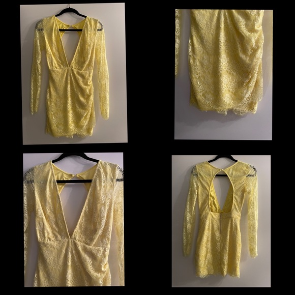 Yellow lace mini deep v open back dress - Picture 3 of 10